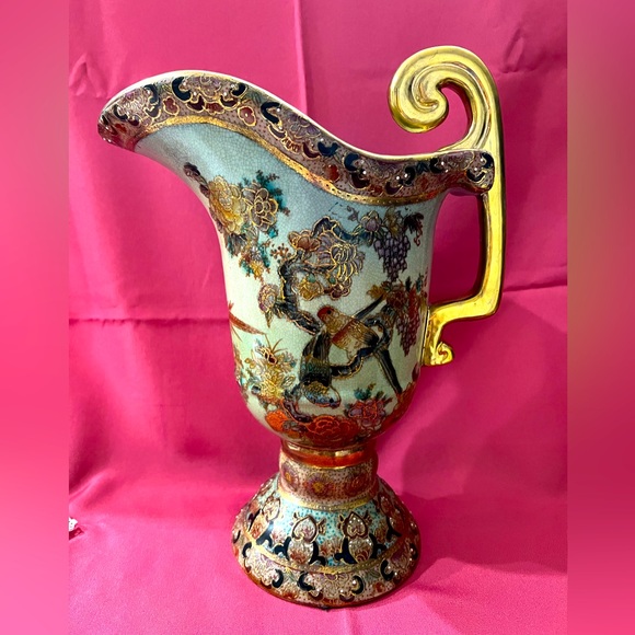Vintage Chinese Gold Happiness Birds Hand Painted Pitcher Vase - Picture 2 of 5